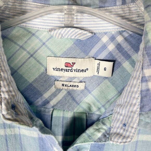 Vineyard Vines Pacific Plaid Relaxed Fit Brushed Cotton Linen Shirt Blue Size 6 - Picture 4 of 6